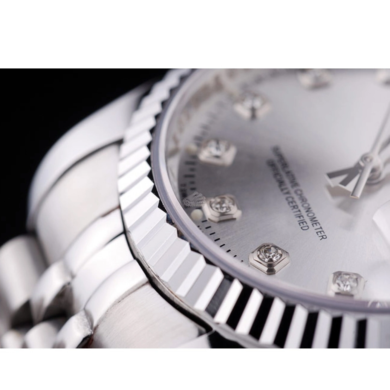 Aaa replica watch Datejust Ribbed Rolex 7455 Silver Diamonds Dial Bezel 0716